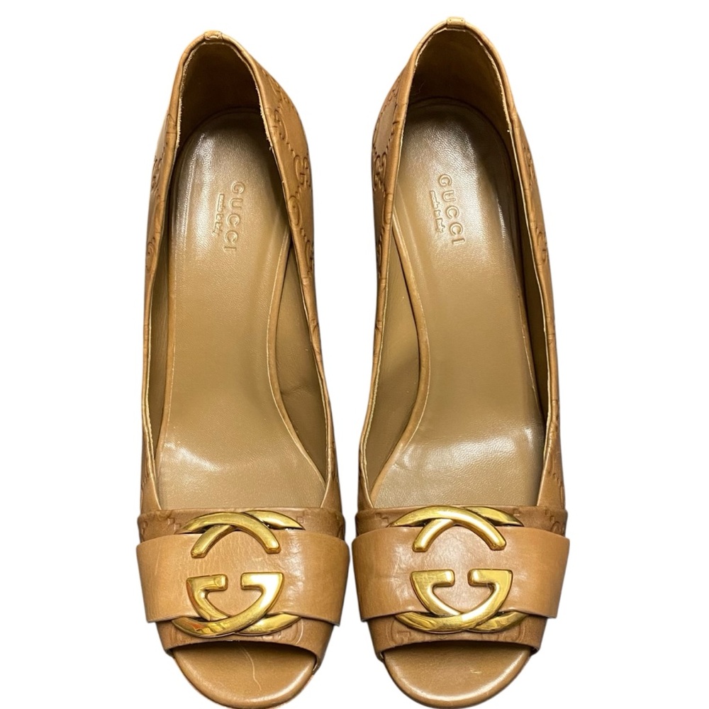 Gucci Caramel Guccissima Interlocking G Open Toe Pumps - Picture 1 of 8